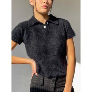 Y2K Limited Polo Sweater Size Medium Angora Short Sleeve Crop Top Black Soft